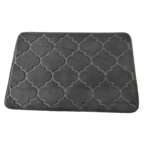 Grey memory foam bath mat with elegant quatrefoil pattern and non-slip backing details.