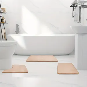 Detailed view of the 3-piece memory foam bathroom mat set in a clean modern room.