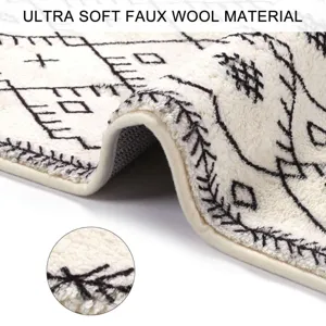 Detailed shot of Nordic white geometric faux wool plush carpet showing soft texture and backing.