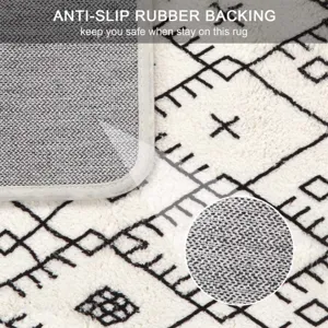 Close-up detail of white plush Moroccan geometric rug showing anti-slip rubber backing.