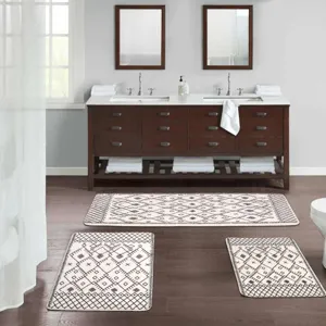 Moroccan style bathroom rug set featuring black and white geometric diamond pattern design.