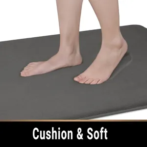 Close-up detail of grey memory foam bath mat showing soft cushioning and anti-slip backing.