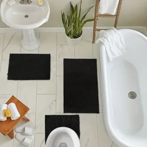 Set di tappetini da bagno in ciniglia nera, tappeti antiscivolo e assorbenti per la casa e il bagno.