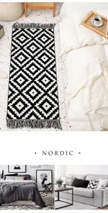 Nordic black and white geometric woven rug with tassels for bedroom and living room decor.