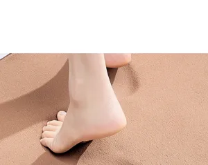 Close-up detail of absorbent non-slip bath mat texture with bare foot stepping on it.
