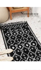 Nordic ethnic cotton linen jacquard woven rug bedroom bedside fringe floor mat detail