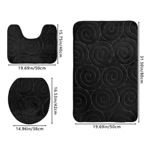 3-piece black bathroom mat set, soft flannel embossed swirl anti-slip floor rugs.