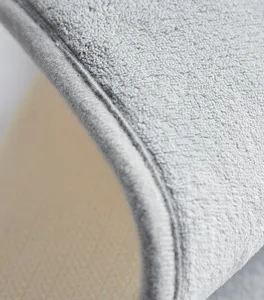 Close-up detail of soft grey bathroom floor mat with plush texture and non-slip backing.