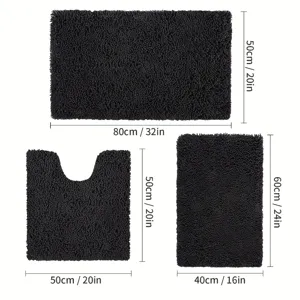 Set di 3 tappeti da bagno in ciniglia nera, tappetini antiscivolo altamente assorbenti.
