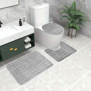 Grey flannel embossed brick pattern memory foam bathroom floor mat 3-piece set non-slip.