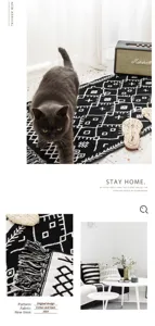 Nordic style cotton linen jacquard woven rug with tassels, black and white geometric floor mat.