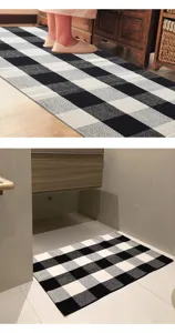 Black and white buffalo check cotton linen rug, ideal for kitchen, bathroom and hallway decor.