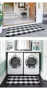 Modern black and white buffalo plaid cotton linen area rug for entryway, laundry room, and kitchen.