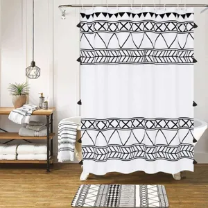 Moroccan Nordic black and white geometric shower curtain and rug set for modern home decor