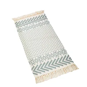 Nordic ethnic style hand-woven cotton linen fringe rug main product view, geometric bedroom mat.