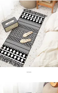 Nordic geometric woven carpet cotton linen fringe rug bedroom bedside living room mat