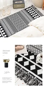 Nordic bohemian black white woven rug geometric fringe cotton linen carpet for bedroom home decor