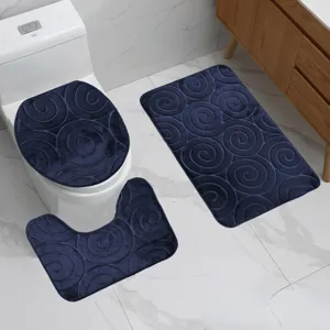 3-piece non-slip bathroom mat set, dark blue flannel embossed spiral floor rug for toilet.