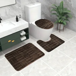 Bathroom mat set 3-piece memory foam flannel absorbent non-slip brick pattern toilet rug.