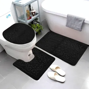 Flannel embossed bathroom mat set 3-piece non-slip absorbent toilet rug and floor mat.