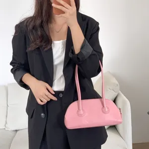 Pink leather underarm bag, minimalist baguette handbag with long handle for women daily stylish.