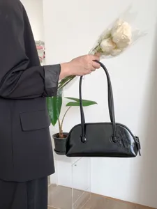 Black patent leather underarm bag minimalist long handle baguette shoulder bag for women chic