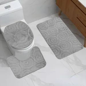 Grey bathroom rug set flannel embossed swirl pattern non-slip absorbent bath mat 3pcs
