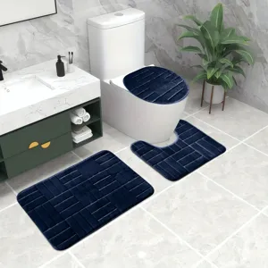 Blue flannel embossed bathroom mat set 3 pieces anti-slip memory foam floor rug details.