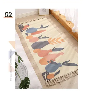 Bohemian cotton linen runner rug with fringe, geometric fruit design for bedroom decor detail.