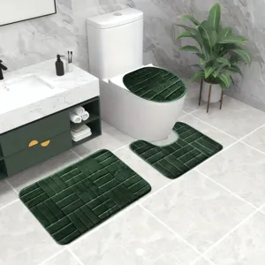 Green flannel embossed bathroom mat set non-slip memory foam toilet rug 3-piece set