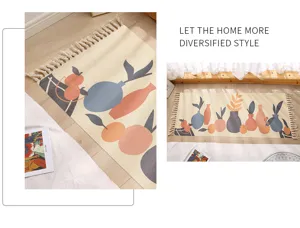 Boho cotton linen bedside rug with abstract fruit vase pattern and tassel trim for bedroom decor.