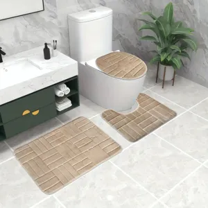 Bathroom Mat Set 3-Piece Flannel Embossed Brick Pattern Memory Foam Non-Slip Absorbent