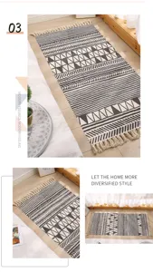 Detailed view of bohemian cotton linen rug featuring black white geometric pattern and tassels.