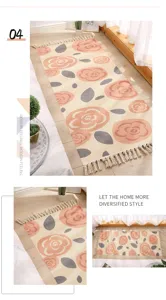 Cotton linen floor mat bedside bedroom decorative carpet non slip hand woven rose floral
