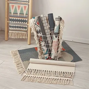 Nordic ethnic style cotton linen floor mat, hand-woven area rug with fringe for living room bedroom