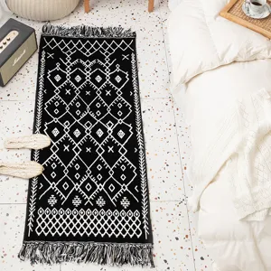 Nordic ethnic style cotton linen jacquard woven rug for bedroom bedside tassel mat