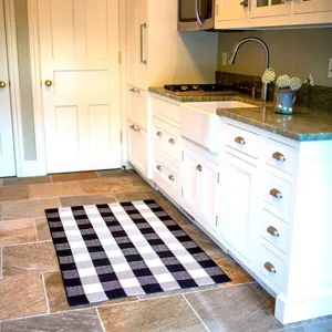 Modern black and white plaid cotton linen rug for kitchen, hallway, and bathroom floor decor.