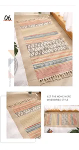 Boho Woven Cotton Linen Area Rug Geometric Striped Bedside Carpet Handcrafted Floor Mat