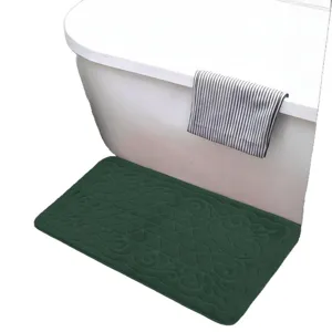 Green embossed flannel bath mat for bathroom, anti-slip water absorbent quick dry carpet.