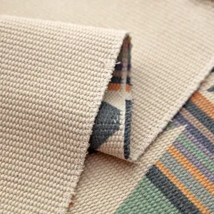 Cotton linen ethnic style woven floor mat, nordic geometry patterned home carpet rug detail.