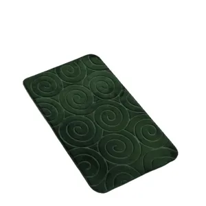 Dark green flannel embossed vortex bath mat, soft absorbent non-slip floor rug for home.