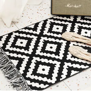 Nordic black and white geometric woven rug with tassels for bedroom living room sofa decor