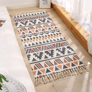 Nordic Ethnic Style Hand Woven Cotton Linen Tassel Floor Mat Bedroom Bedside Geometric Carpet Living Room Area Rug