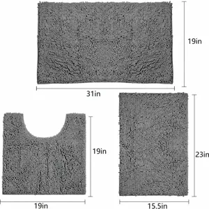 Set di 3 tappeti da bagno in ciniglia grigia antiscivolo assorbenti con dimensioni.