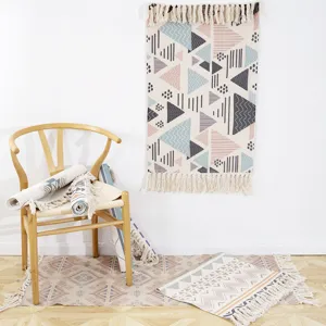 Nordic ethnic handmade woven cotton linen tassel floor mat, geometric bedroom bedside carpet.