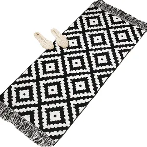 Nordic style black and white geometric woven rug with tassels for bedroom living room