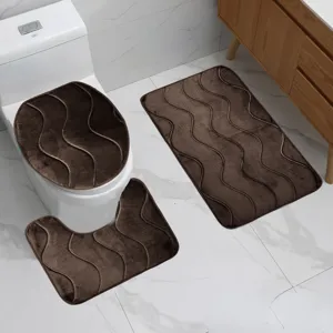 Set tappetino bagno marrone scuro in memory foam copriwater e tappeti per doccia assorbenti.