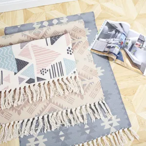 Nordic ethnic style hand-woven cotton linen tassel floor mat bedroom geometric rug