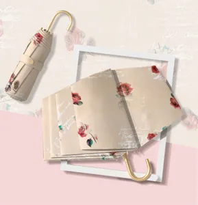 Paraguas plegable con estampado de rosas vintage y mango de gancho dorado, parasol.
