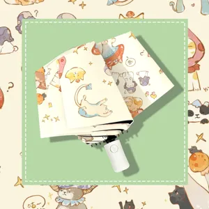 Paraguas automático de tres pliegues con bonito patrón de gato protección UV parasol